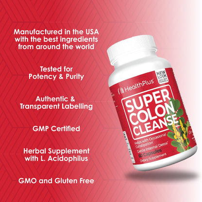 Health Plus Super Colon Cleanse 60 Day Supply of Gentle Gut Cleanse Detox, Psyllium Husk, Probiotics for Constipation Relief & Digestive Support, 240 Capsules