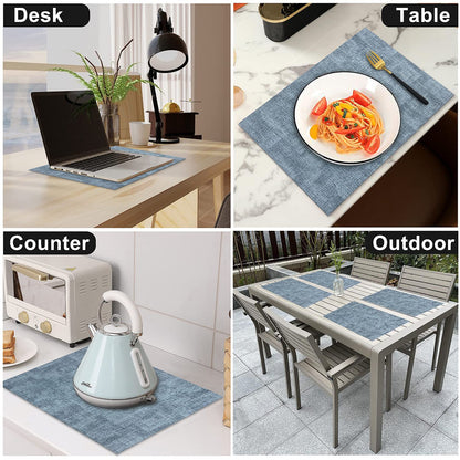 LANDVIEW Leather Heat Resistant Placemats Set of 6 Waterproof Wipeable Washable PU Table Mats,Easy to Clean Anti-Slip (6, Blue)