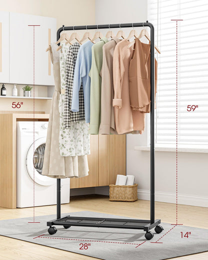 Sakugi Clothes Rack - Clothing Rack with Storage Mesh Shelf & Casters, Heavy-Duty Metal Clothing Rack for Hanging Clothes, Dresses, Coats, Large Load Capacity, Easy Assembly, Black, 28.0"x14.0"x59.0"