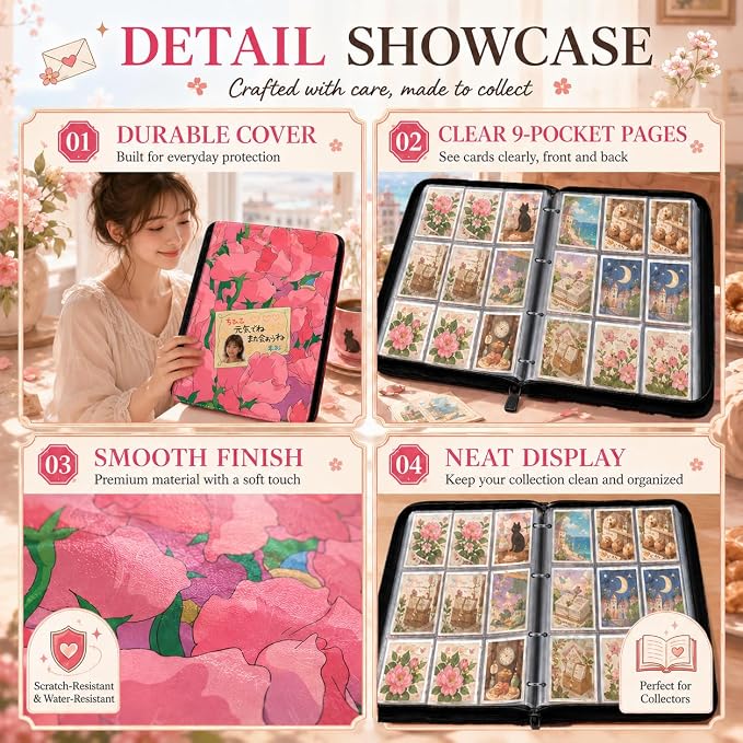 1008 Cute Card Binder 9 Pocket, 3-Ring Trading Card Binder with 56 Page Removable Sleeves, High Storage Waterproof Trading Card Holder Collection Card Album Organizer Case for TCG Cards - Flower