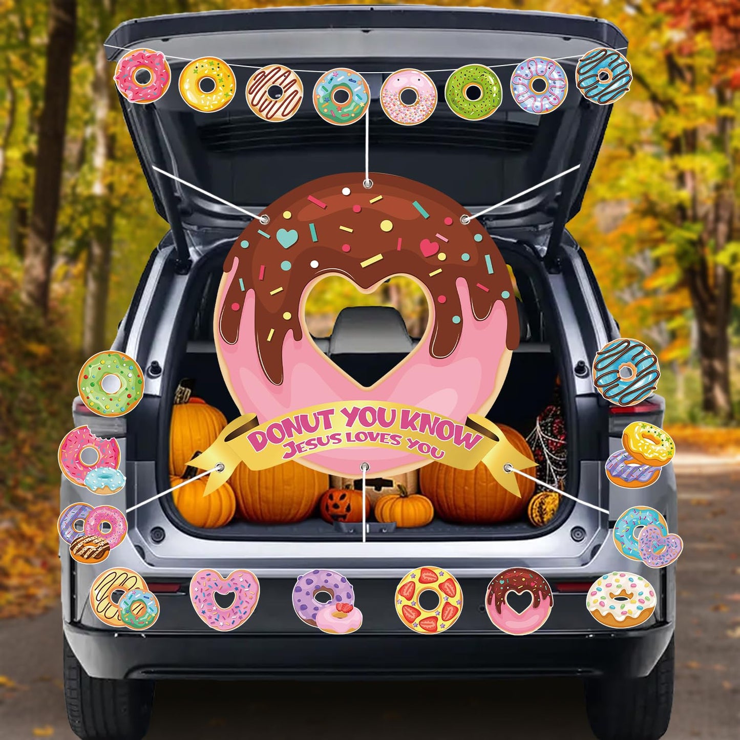 Halloween Donut Trunk or Treat Car Decorations Kit, Donut You Know Jesus Loves You Backdrop Donut Banner Stickers for Car Garage Door Decoration Halloween Party Decorations