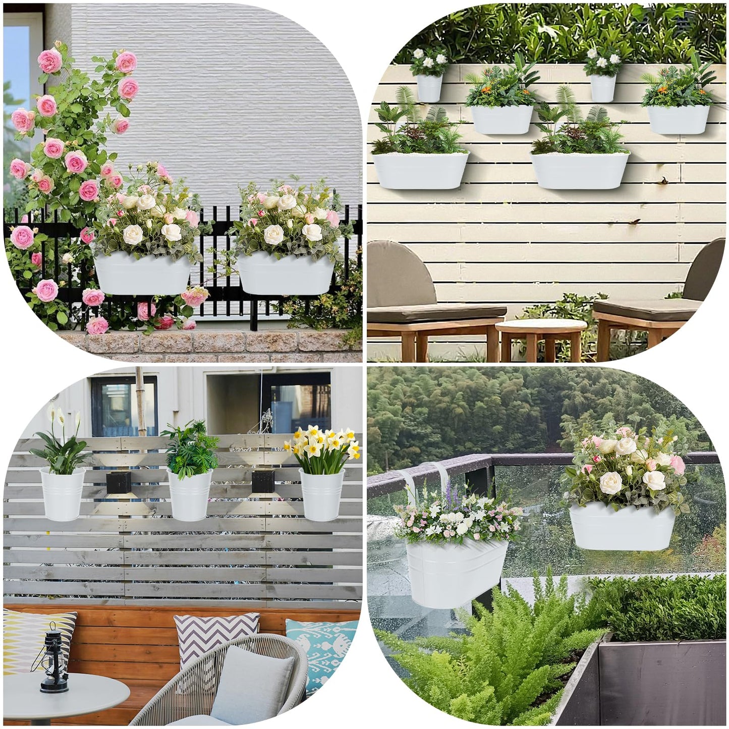 3 Different Size Metal Iron Hanging Flower Pots 10 Pcs for Outdoor Plants Metal Hanging Bucket Pots Iron Railing Fence Planter with Drainage Holes and Hooks for Porch Railing Balcony Fence (White)