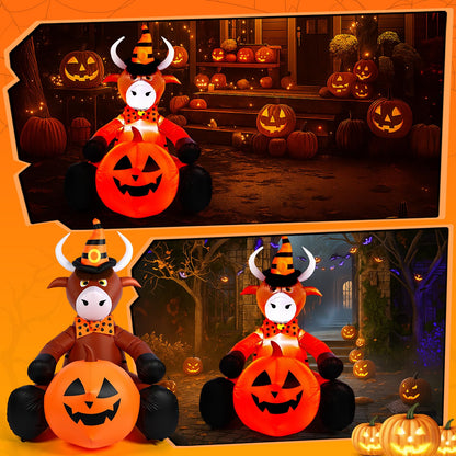Soulchen 5FT Halloween Inflatable Highland Cow Outdoor Decorations with Witch Hat Holding Pumpkin Built-in LED Lighted Halloween Blow up for Yard Garden Lawn Holiday Party Decor