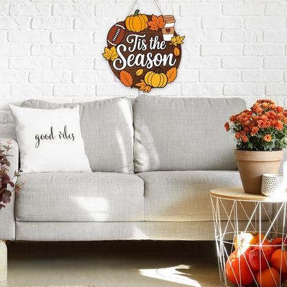 Whaline Fall Football Door Sign Tis the Season Hanging Decor Pumpkin Maple Football Wood Door Hanger with Rope for Autumn Thanksgiving Wall Porch Decorations