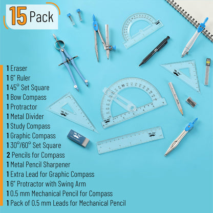 Mr. Pen- Geometry Set, 15 pcs, Blue, 6 Inch Swing Arm Protractor, Divider, Set Squares, Ruler, Compasses and Protractor