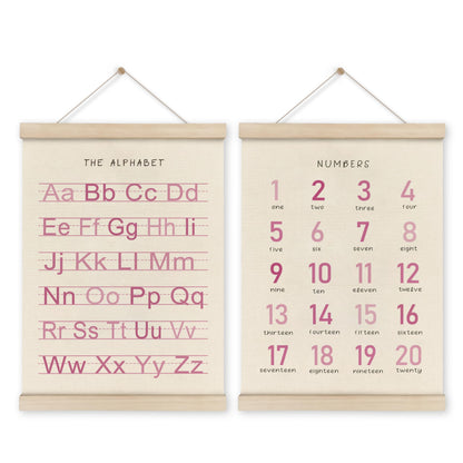HRQKO Alphabet Numbers Poster Hanger Frame Set of 2, Pink Girls Nursery Wall Decor, ABC Poster Wall Art with Wooden Frames, Pink Alphabet Banner Wall Hanging Decor for Toddler Playroom, 12x16 Inch