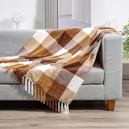 RECYCO Buffalo Paid Chenille Throw Blanket for Couch, Soft Cozy Decorative Buffalo Check Blanket Throw with Tassels for Bed Sofa, Lightweight Chenille Knitted Throw, Plaid Brown Off White, 50'' x 60''