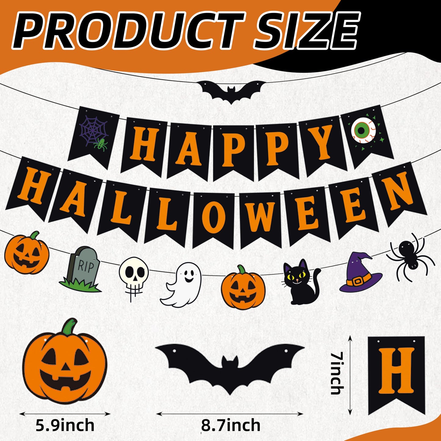 Happy Halloween Banner Garland – Black and Orange Hanging Decoration with Pumpkins, Ghost, Skull, Cat, Witch Hat, Bat, and Spider for Halloween Party, Classroom, Home, Wall, and Photo Booth Decor