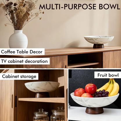 LFLKPY White Marble Texture Decorative Bowl with Acacia Wood Base – 11" Modern Pedestal Fruit Bowl for Table Centerpiece, Entryway or Kitchen Décor