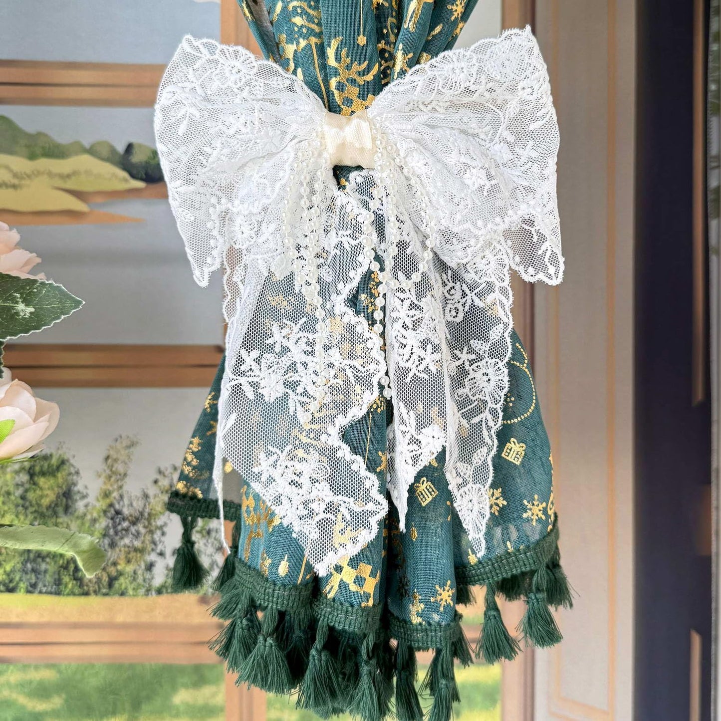 Bow Lace Curtain Tiebacks for Living Room Kids Room Punch Free Sheer Curtain Holdback Rope for Girls Room ThinCurtain Drapes Window Treatments Curtain Tiebacks 1 Pair (Ivory)