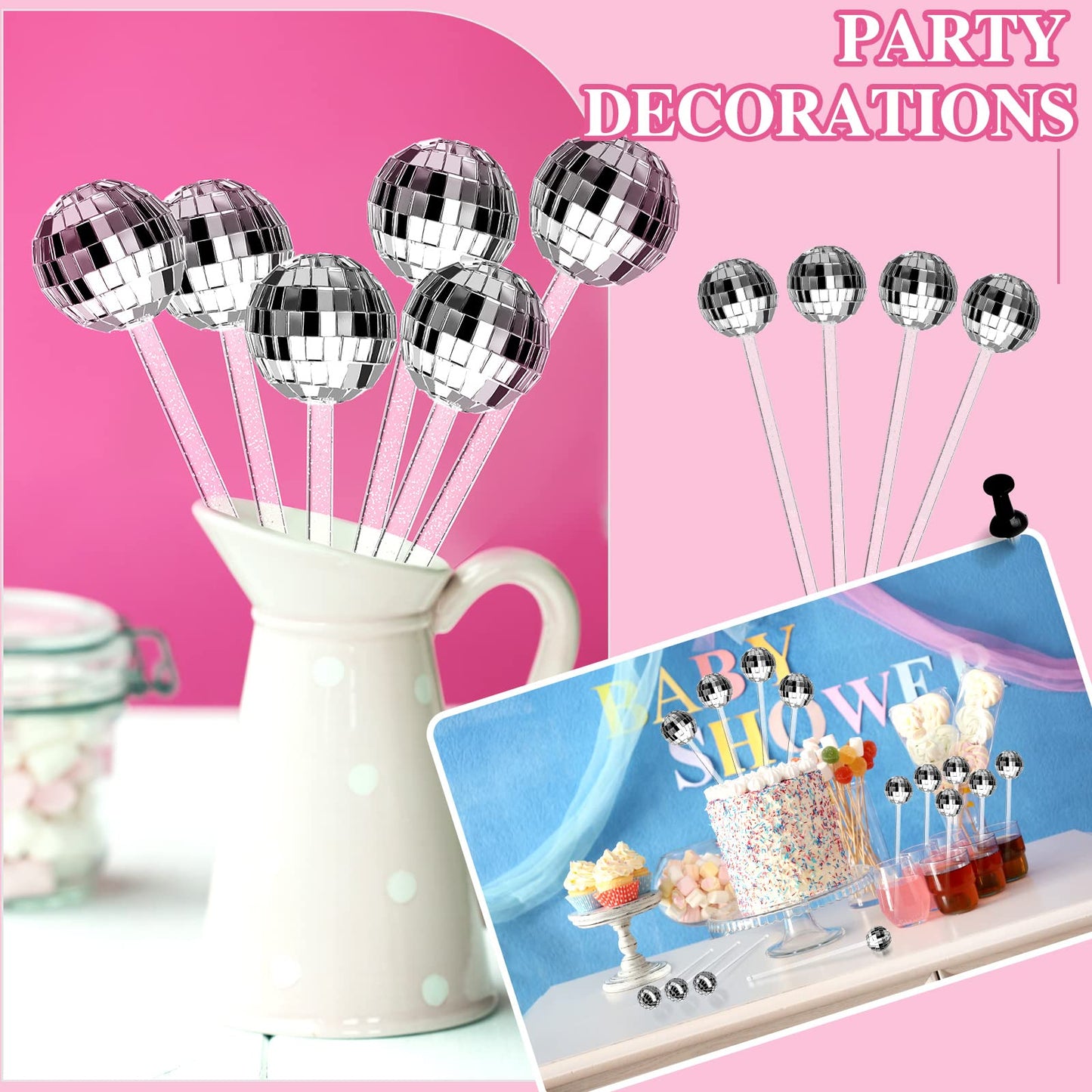 Sawysine 24 Pcs Disco Party Decorations Disco Ball Cocktail Stirrers 8 Inch Silver Mirror Ball Stir Sticks Beverage Coffee Drink Stirrer for 70s 80s Bachelorette Wedding Birthday Party(Silver)
