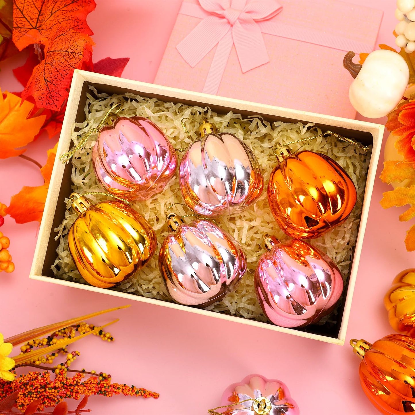 FYSUIMU 24Pcs Fall Pumpkin Hanging Ornaments Mini Pink Orange Pumpkin Hanging Ball Decorations for Thanksgiving Harvest Autumn Farmhouse Tree Decor Party Supplies