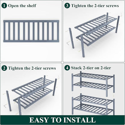 Smiry Bamboo Shoe Rack, 4 Tier Free Standing Wooden Shoe Organizer, Stackable Wood Shoe Storage Shelf for Closet, Entryway, 14 Vertical Slats, 2+2 Stack Heavy-Duty Legs, 26.8"x11"x26", Grey