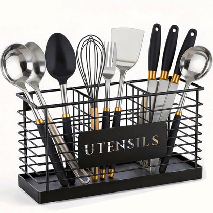 THYGIFTREE Utensil Holder for Kitchen Counter with Diatomaceous Earth Base, Large Black Metal Cooking Tool Organizer with 3 Compartments, Countertop Utensil Holder for Spatula and Kitchen Utensils