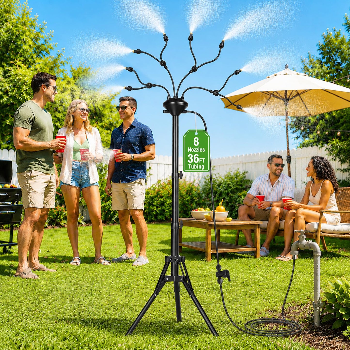 MIXC 8-Nozzles Standing Misters for Outside Patio, 2.6-5.3FT Adjustable Outdoor Misting Cooling System with 36FT Leak-Resistant Water Tubing, Portable Mist Hose for Patio, Backyard & Pool