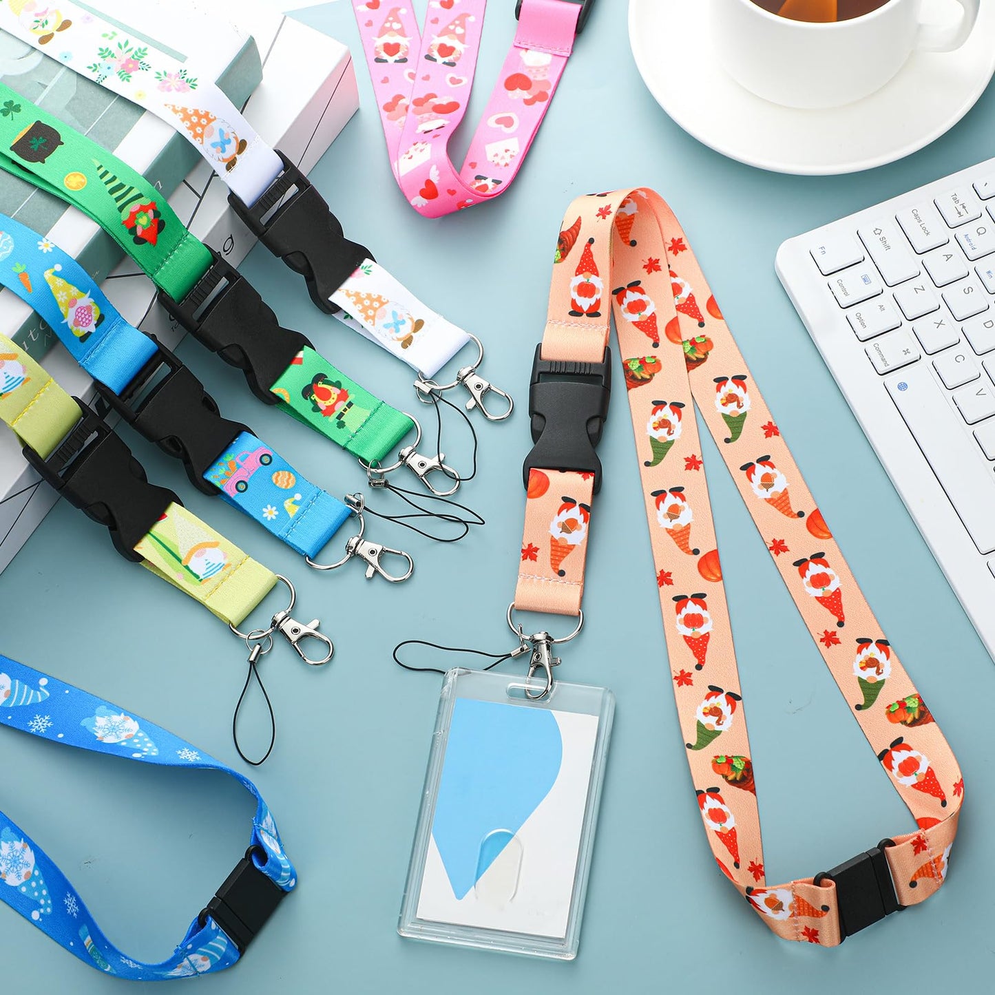 Windyun 12 Pcs Seasonal Gnome Lanyards for Teacher ID Badges with Detachable Buckle Back to School Lanyards Keychain Holders for Holiday Women Office Summer American Flag Gifts