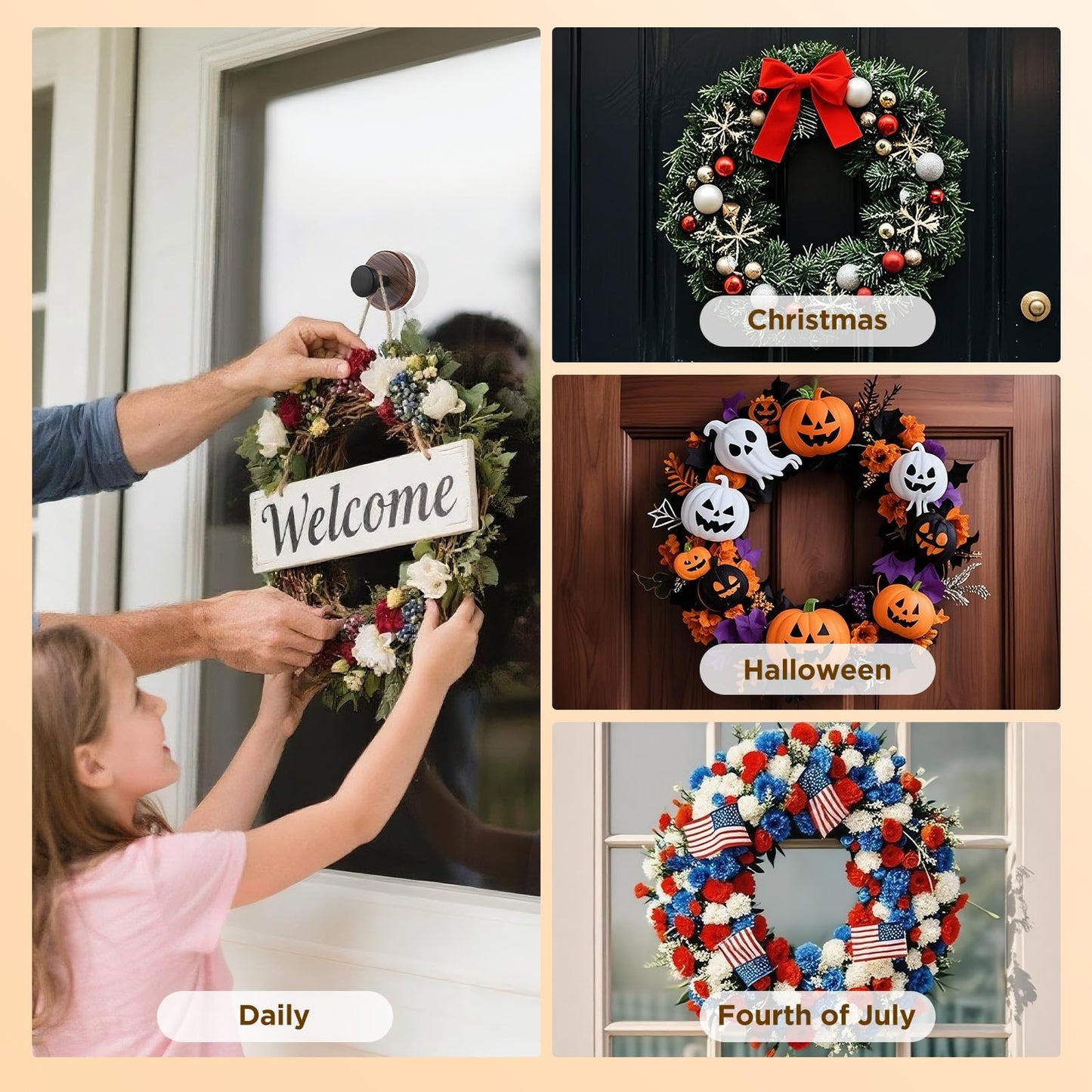 OUTXE Suction Cup Wreath Hanger, Heavy Duty Reef Hook for Front Door/Glass Window/Over Door/Outdoor, Christmas/Thanksgiving/Halloween/July 4th/Easter/Valentine/Fall/Summer/Spring (Walnut, 2-Pack)