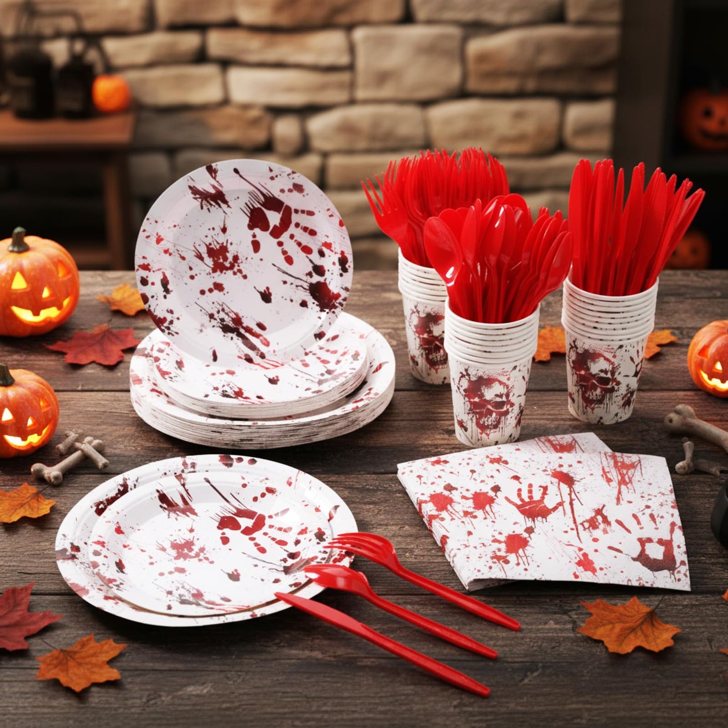 Peryiter 171 Pcs Halloween Party Supplies Disposable Tableware Set Halloween Plate Cup Napkin Spoon Fork Knives Banner Plastic Tablecloth Dinnerware Kit for Party Decorations Serves 24 (Bloody Zombie)