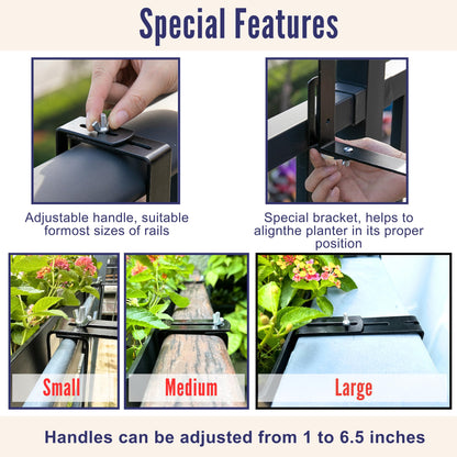 LaLaGreen Railing Planter Boxes (16 Inch, 2 Pack) Black Rectangular Plastic Window Box Planters with Self-Watering System Metal Brackets, Outdoor Plants Herbs Flowers Deck Balcony Fence Garden Decor