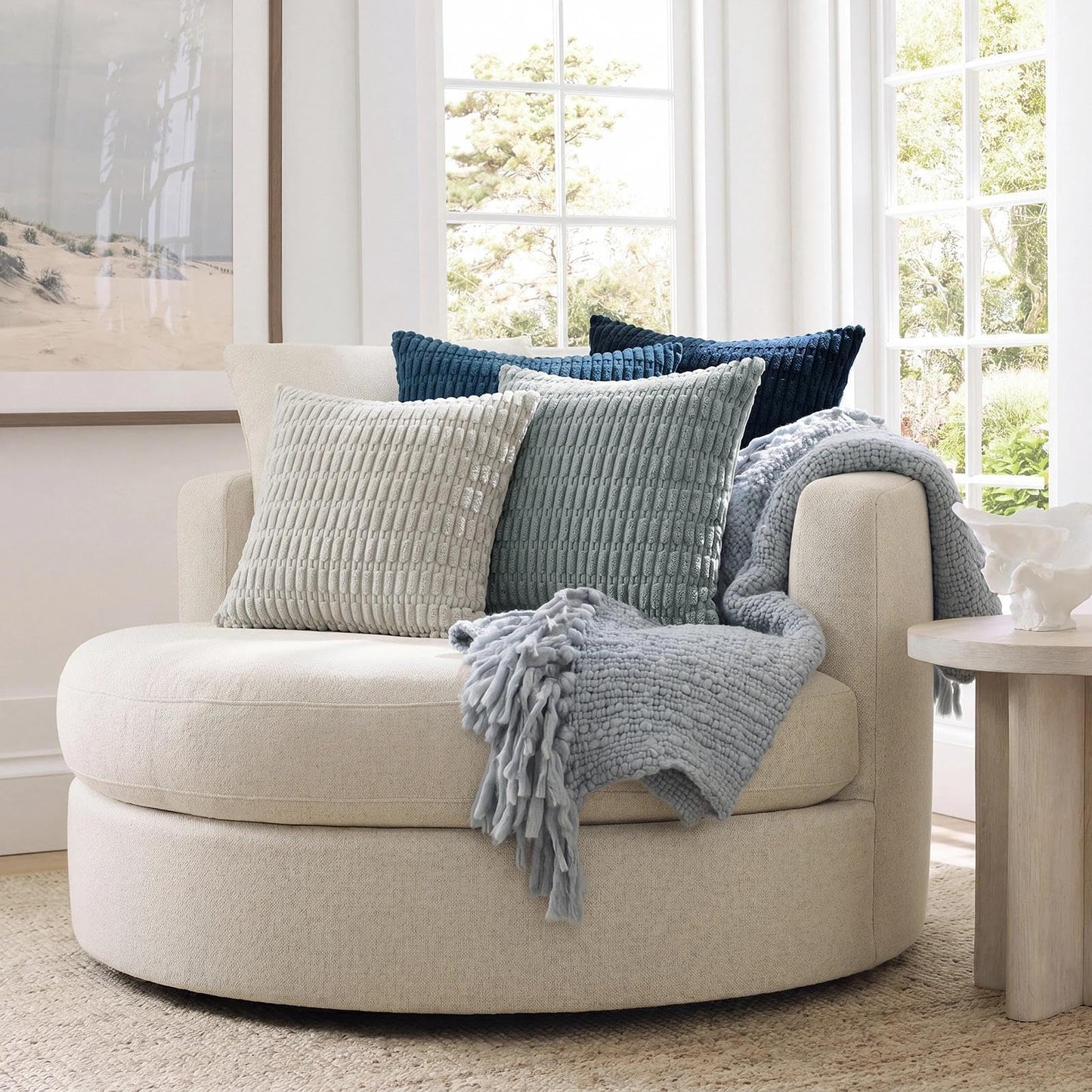 Softalker Throw Pillow Covers 18x18 Inch, Set of 4, Corduroy Soft Striped Farmhouse Boho Pillow Cover, Modern Decorative Cushion Pillow Case for Couch Sofa Bedroom Living Room, Grey/Blue