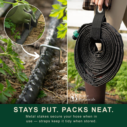 Better Botanicals 100 FT Flat Soaker Hose (2 x 50 FT) – Drip Irrigation for Garden Beds, Raised Beds & Landscaping – Kink-Resistant, Even Watering, Includes 16 Steel Stakes & Storage Straps