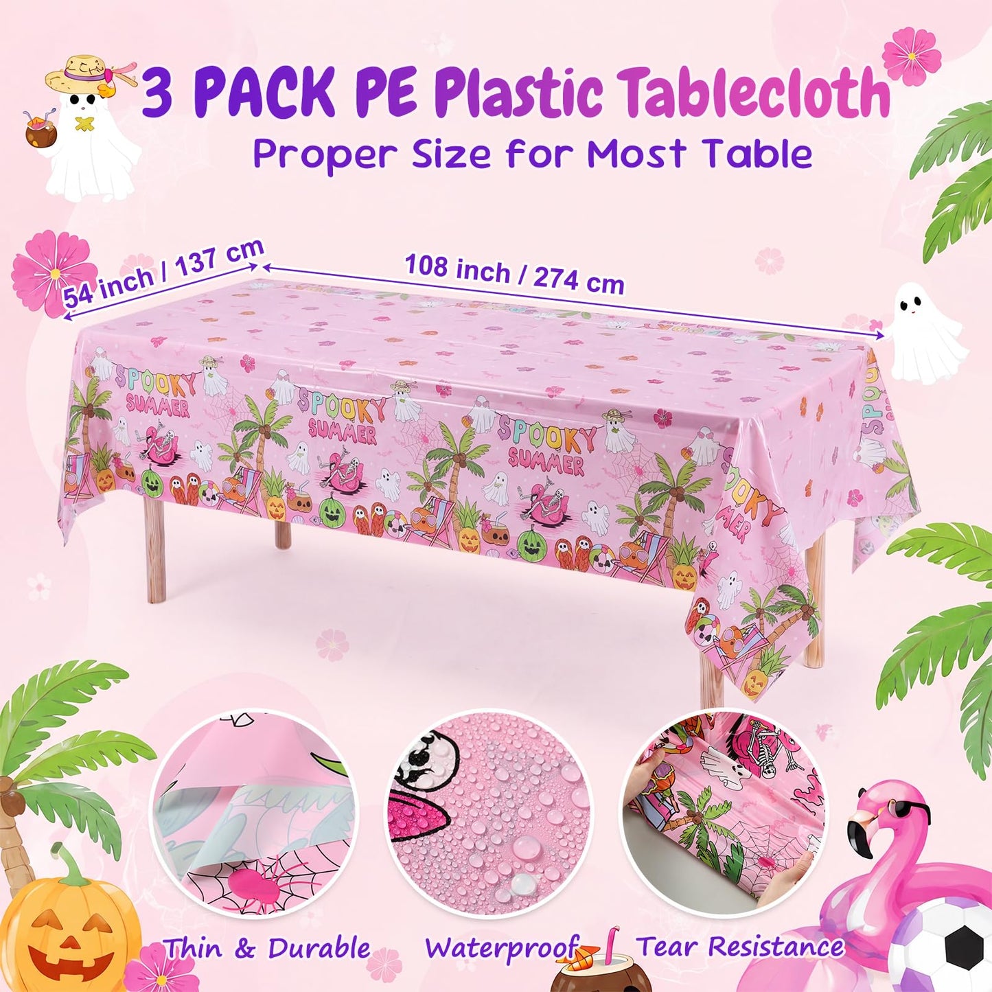 Hahafelt 3 Pack Summer Halloween Decorations Plastic Tablecloth Tropical Gothic Halloween in Summer Spooky Ghost Skull Pumpkin Table Cover for Beach Party Home Kitchen Decor 54 x 108 Inch(Flower)