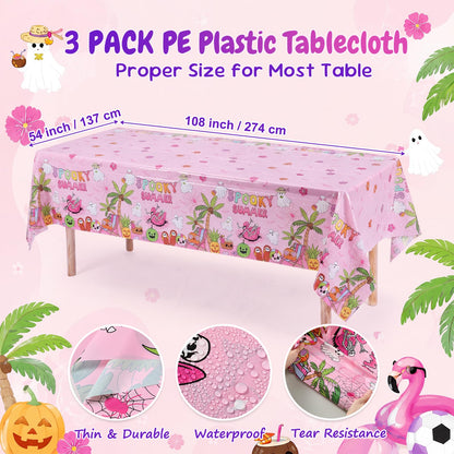 Hahafelt 3 Pack Summer Halloween Decorations Plastic Tablecloth Tropical Gothic Halloween in Summer Spooky Ghost Skull Pumpkin Table Cover for Beach Party Home Kitchen Decor 54 x 108 Inch(Flower)