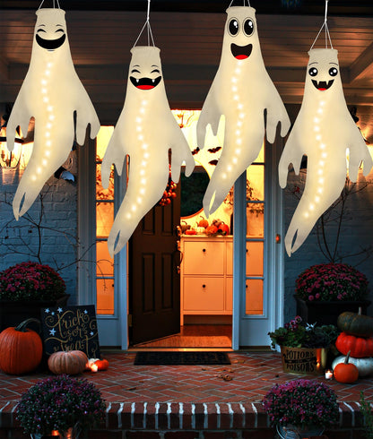 Geefuun 4PCS Warm Light Halloween Cute Ghost Windsocks Hanging Decorations - 43 Inch Flag Wind Socks for Home Yard Outdoor Decor Party Supplies (Batteries Not Included,No Timer)