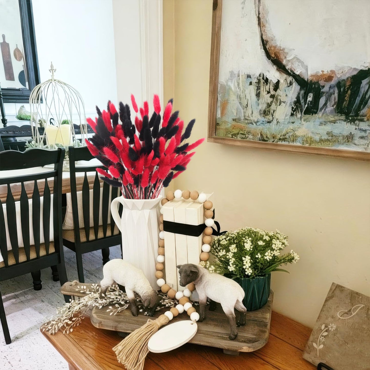 LILOCOO 120 Pcs Dried Bunny Tails Flower Red and Black Pampas Grass Flower Arrangements Bohemian Decor Home Wedding DIY Farmhouse Table Christmas Halloween (16 .9Inch)