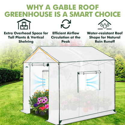 EAGLE PEAK 8x8 Portable Pop Up Greenhouse, Patented Center Lock Easy One Person Setup, Walk-in Outdoor Greenhouse with Gable Roof, Weight Bags, Zippered Doors & Windows, White