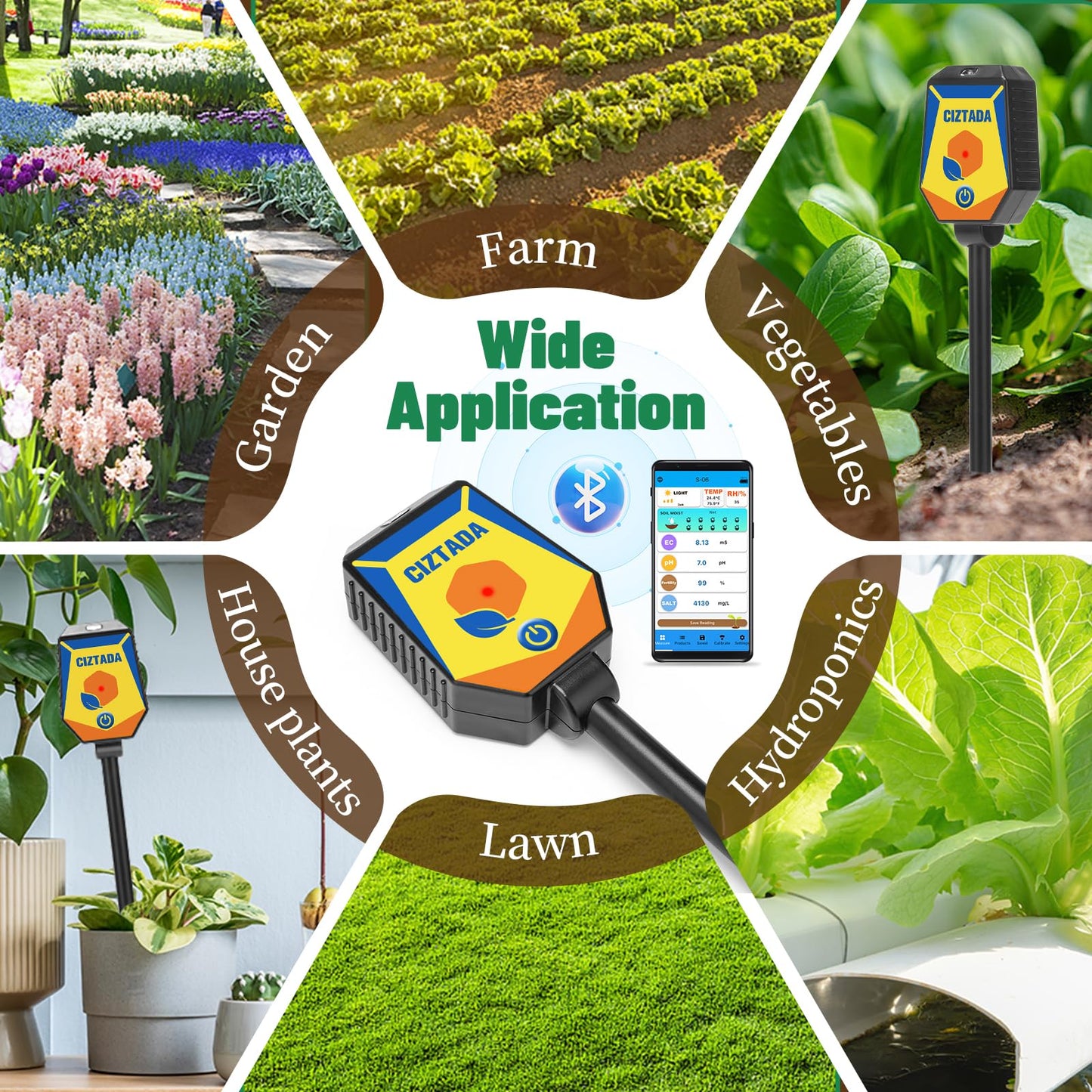 CIZTADA Smart Soil Moisture Meter pH Salinity Tester 8 in 1 Moisture pH Light Environment Humidity Fertility EC Salt Temp Soil Meter for Indoor/Outdoor Plants with App Monitor for Garden, Lawn, Farm