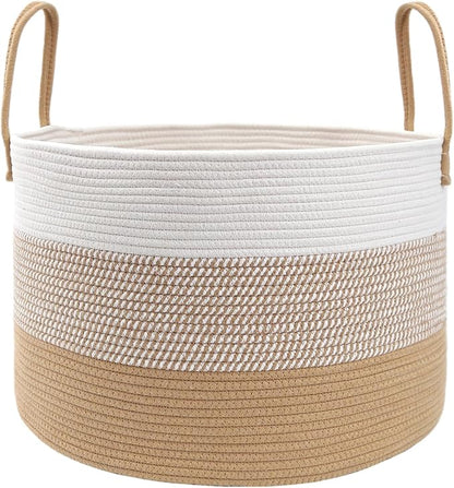 JMvicyroam 65L Extra Large Blanket Basket for Living Room - Woven Cotton Rope Laundry Hamper with Reinforced Handles - Storage Bin for Pillows, Comforters & Toys - Machine Washable,White&Jute Mix