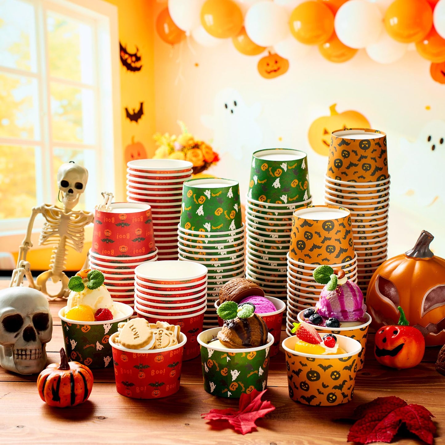 Newtay 120 Pcs Halloween Snack Cups 9 oz Ice Cream Bowls Pumpkin Ghost Bat Treat Paper Disposable Cups Dessert Soup Bowls for Hot or Cold Food Sundae Yogurt Halloween Party Supplies