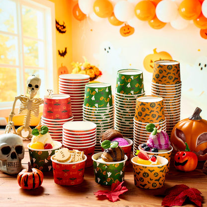 Newtay 120 Pcs Halloween Snack Cups 9 oz Ice Cream Bowls Pumpkin Ghost Bat Treat Paper Disposable Cups Dessert Soup Bowls for Hot or Cold Food Sundae Yogurt Halloween Party Supplies
