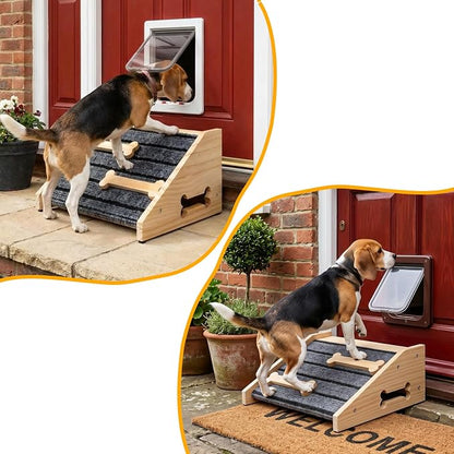 2-Pack Wooden Dog Ramp for Stairs - Natural Pine Wood Pet Step Ramp with Anti-Slip Bone Strips & Felt Padding, Stair Wedge for Small Medium Dogs, Indoor Home Safety Access for Injured Dogs