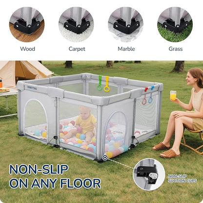 Foldable Baby Playpen, 1-Minute Setup, Lightweight Portable Playpen with Carry Bag, 59"x71" Indoor Outdoor Safty Play Yard for Babies & Toddlers, Light Gray