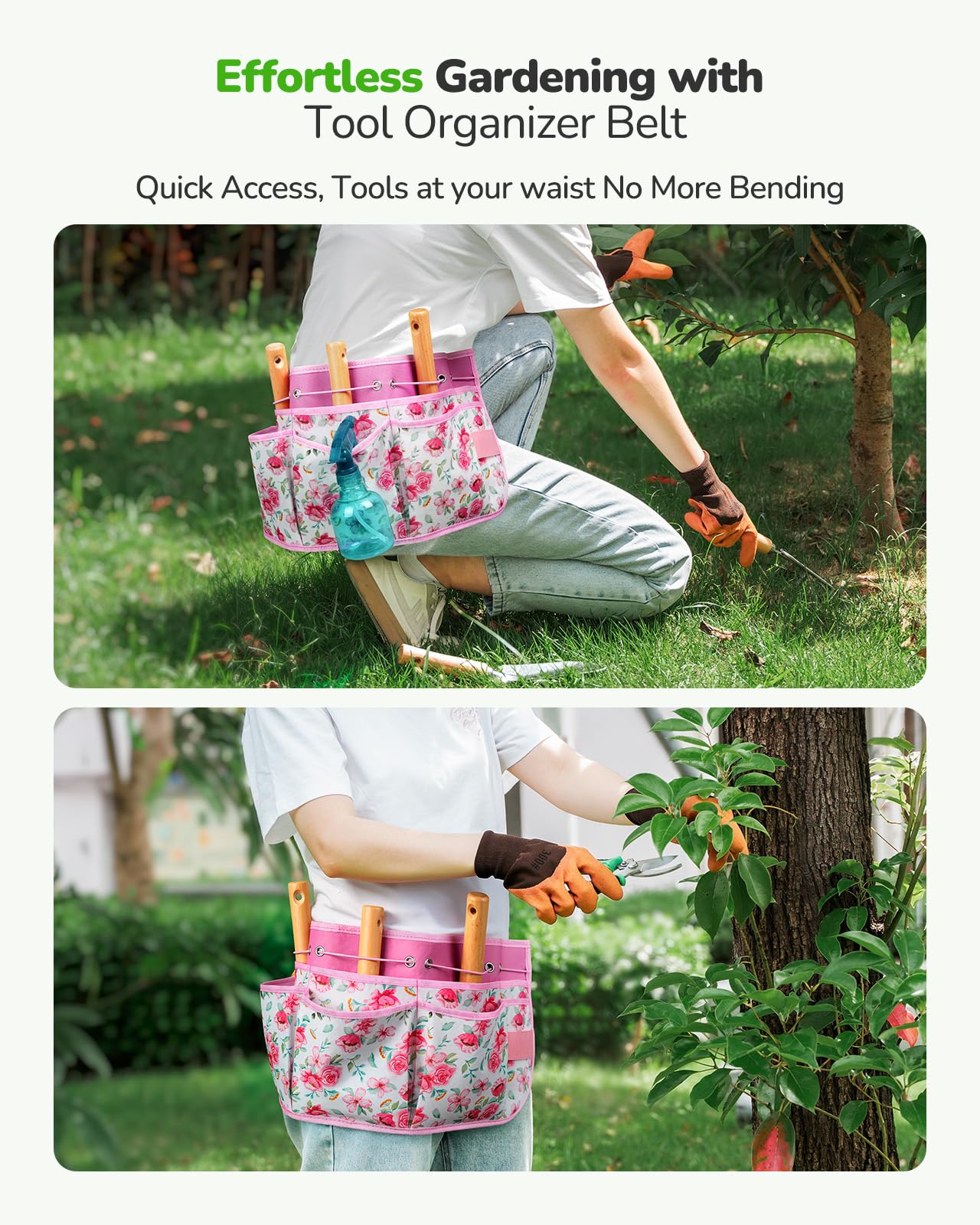 Grenebo All-in-One Garden Tool Set with Tools Organizer Belt Adjustable, 10-Piece Gardening Hand Tools, Long Lasting Rust-Proof Premium Garden Tool Kit, Gardening Gift for Women Men (Pink)