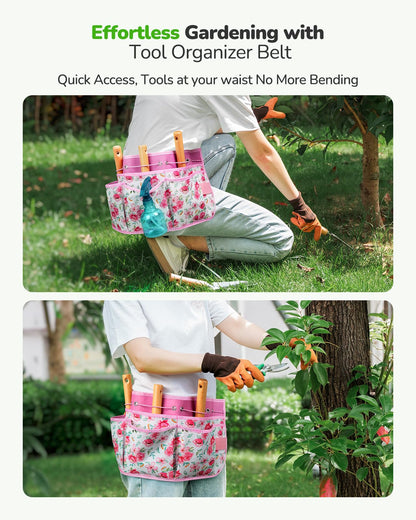 Grenebo All-in-One Garden Tool Set with Tools Organizer Belt Adjustable, 10-Piece Gardening Hand Tools, Long Lasting Rust-Proof Premium Garden Tool Kit, Gardening Gift for Women Men (Pink)