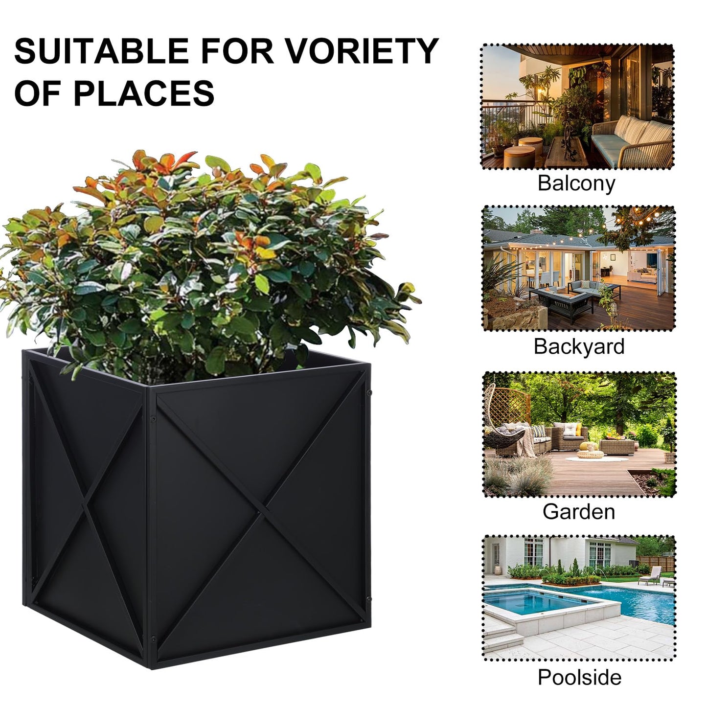 SUNNYPARK Large Metal Planter Box 17”x 17”x 18”, Square Modern Black Metal Planter Box Heavy Duty with Drainage Holes for Outdoor Garden Patio