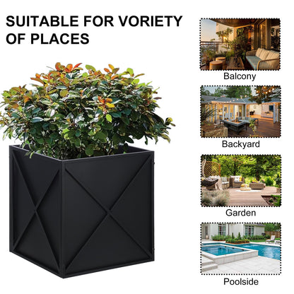 SUNNYPARK Large Metal Planter Box 17”x 17”x 18”, Square Modern Black Metal Planter Box Heavy Duty with Drainage Holes for Outdoor Garden Patio