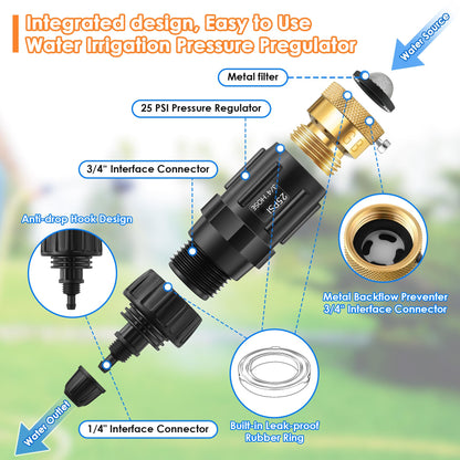 Gulfmew Drip Irrigation Faucet Adapter 25 PSI, 1/4" Tubing Quick Connect to 3/4" Garden Hose with Backflow Preventer, Filter, Plumbers Tape, Pressure Regulator, Copper Drip Irrigation System Fittings