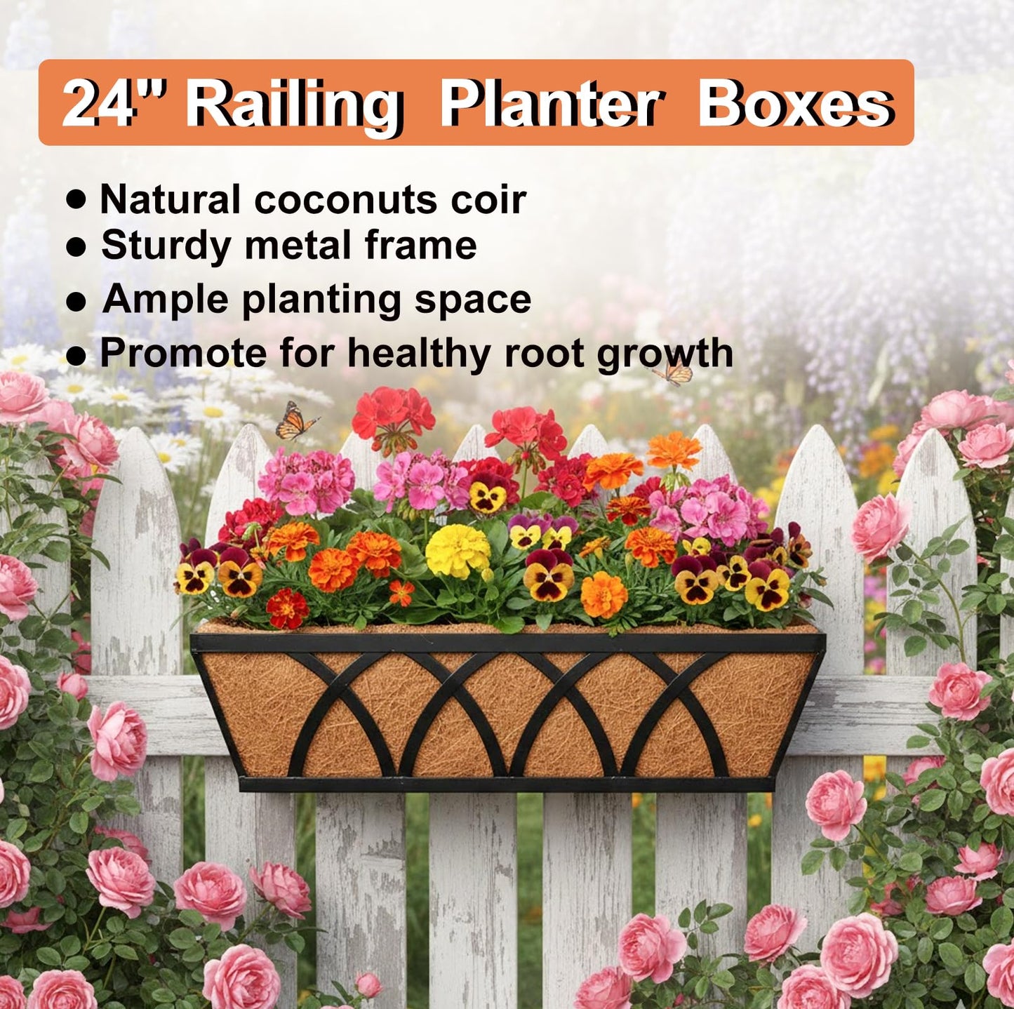 Flat Railing Planter Window Box Wall Hanging Planters (2 Pack, 30 Inch) Balcony Fence Planter with Coco Liner, Horse Trough Planter Metal Window Planter Box for Outdoor Plant Holder Rail Deck