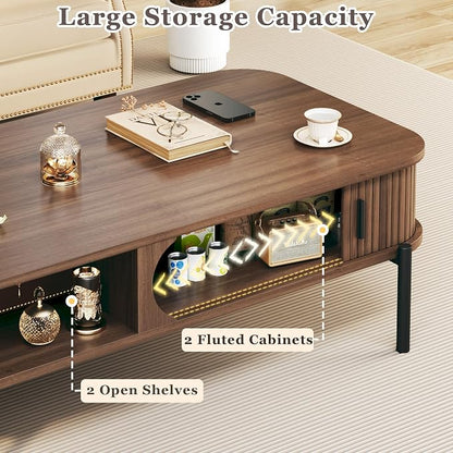 Coffee Table, 47.2" Mid Century Modern Coffee Tables for Living Room, Coffee Table with Storage Open Shelf, Fluted Table with Sliding Cabinet Door, 2-Tier Rustic Wood Desktop, Walnut