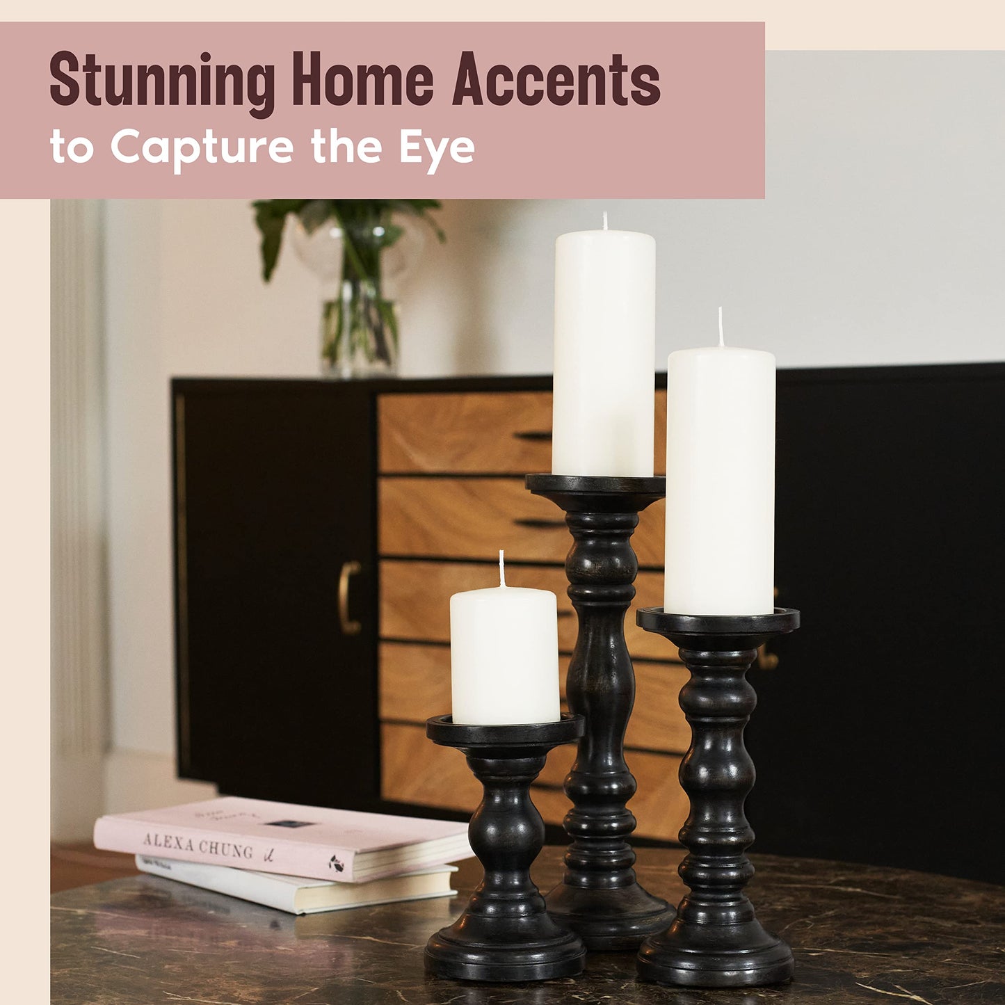 Large Candle Holders for Pillar Candles - Decorative Rustic Centerpiece Pillars Compatible with Battery-Operated Candles - Tall Farmhouse Wooden Candle Holders Pillar - Set of 3