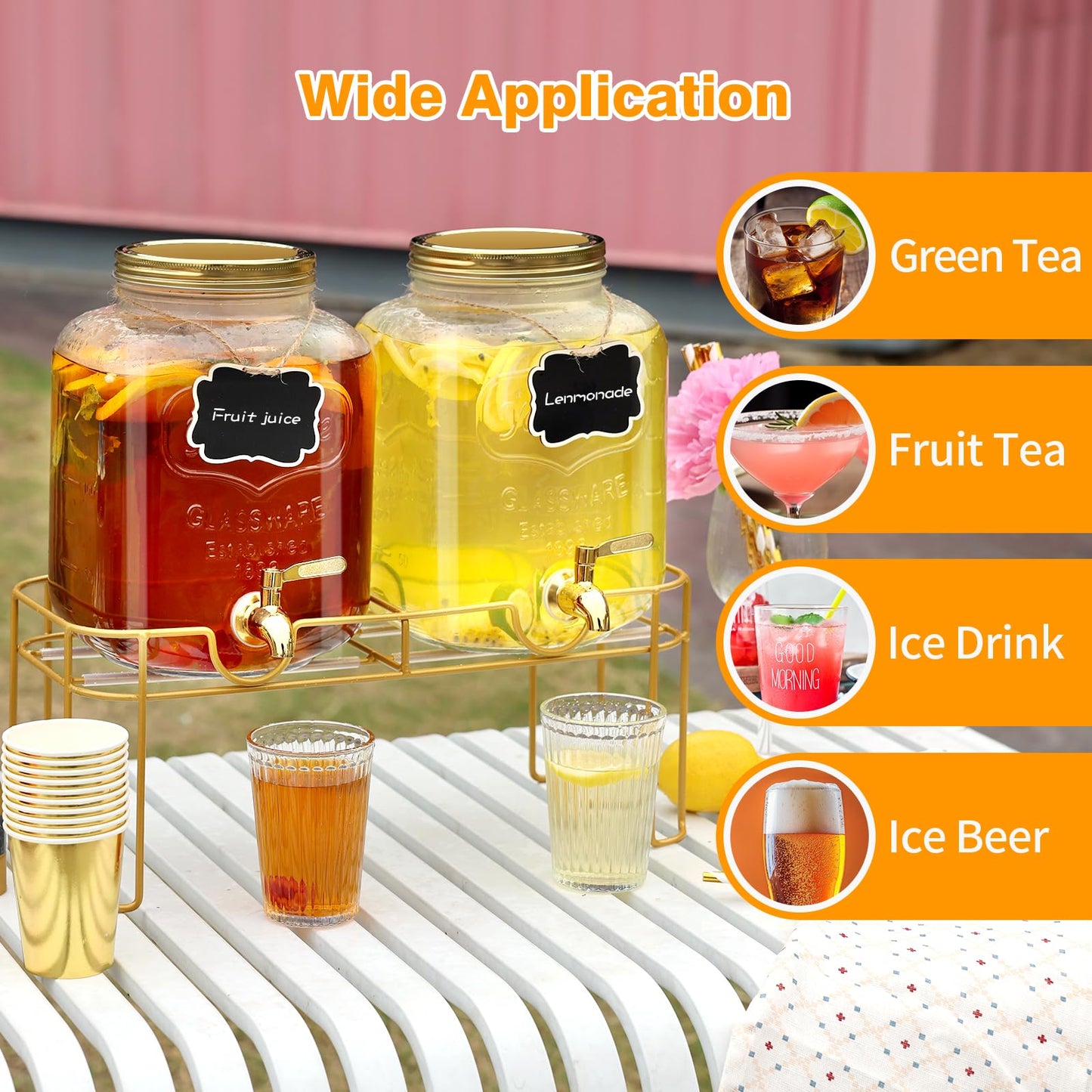1.6 gallon Glass Beverage Dispenser with Stand, 2PACK Lemonade Dispenser with Spigot Stainless Steel, Drink Dispensers for Parties,Picnic,Weddings(Golden)