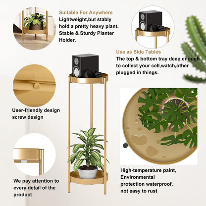 Philodwell Metal Gold Tall Plant Stand Indoor or Outdoor - 30 inch 2 Tier Modern Corner Planter Shelf Rack with 2 Removable Display Shelves(10 inch) for Bedroom Living Room Balcony