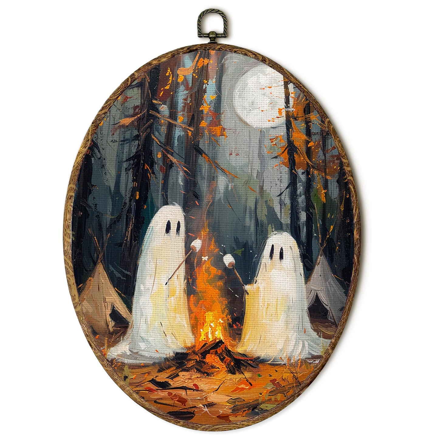 EGVQK Cute Halloween Ghost Oval Wall Art Decor, Dark Academia Framed Canvas Prints Wall Art, Ghost Toasted Marshmallow Oval Canvas Hanging Decor for Halloween Decorations Indoor Living Room,8.5x11.5in
