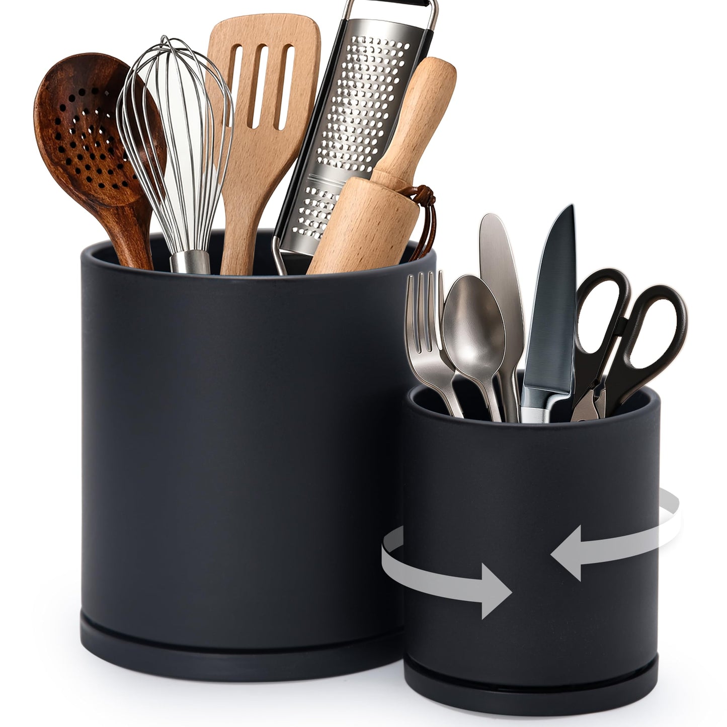 D'vine Dev 360° Rotating Utensil Holder Set – 7.2"+5" Kitchen Utensil Crocks for Countertop, Modern Cooking Tool Organizers for Kitchen Storage +Décor, Black, Set of 2, 72-Z-B-1