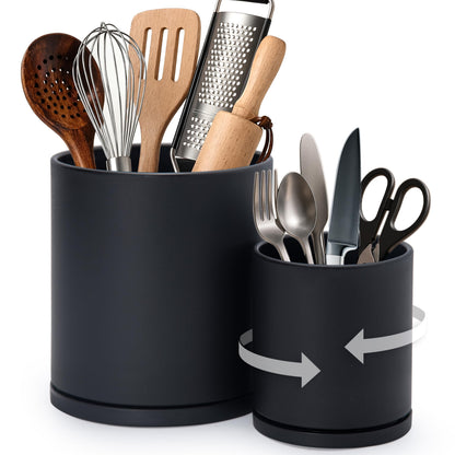 D'vine Dev 360° Rotating Utensil Holder Set – 7.2"+5" Kitchen Utensil Crocks for Countertop, Modern Cooking Tool Organizers for Kitchen Storage +Décor, Black, Set of 2, 72-Z-B-1