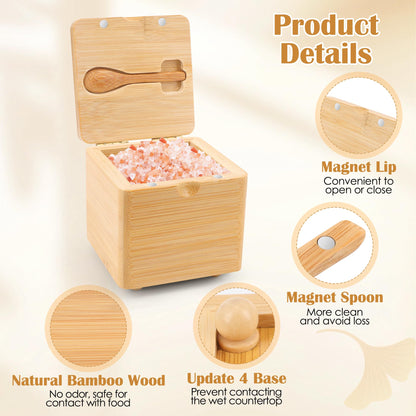 Luxiv Updated Bamboo Salt Cellar with Lid and Spoon, Bamboo Salt Box Wood Spice Box with Magnetic Lid for Pepper Spice Sea Salt Container Jar For Countertop with 4 Bases